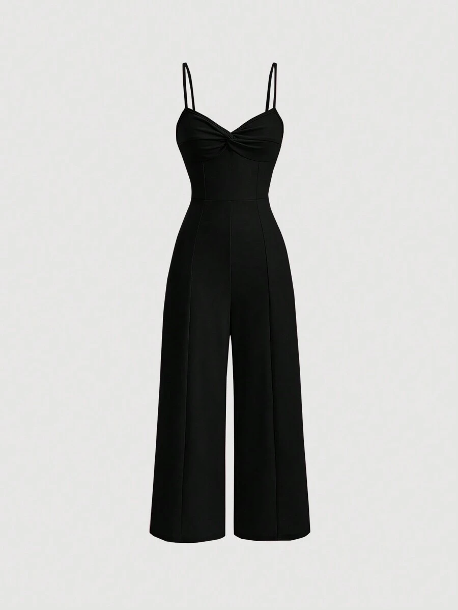 SHEIN MOD 扭結前翻領寬腿連身褲 - 黑色 - 查看 1