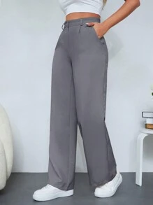 SHEIN Cottnline Solid Color Straight Leg Women's Suit Pants - Grey - View 3