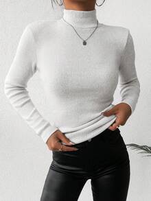 EURMUSE Women's Solid Color High Neck Sweater - White - View 5