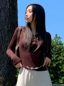 DAZY Women's Long Sleeve T-Shirt Sheer,Fall Women Clothes Turtleneck Women - Brown - View 4