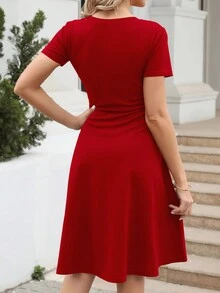 Solid A-line Dress - Red - View 2