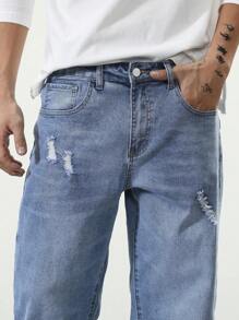 Manfinity EZcore 男士斜口口袋破洞直筒牛仔褲，寬鬆洗水光面藍色連帽衫街頭穿搭調韻