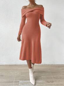 Chiquease Off Shoulder Foldover Sweater Dress Fall Cloth For Women - Burnt Orange - View 4