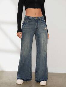 Women's Wide Leg Denim Pants - Blue - View 3