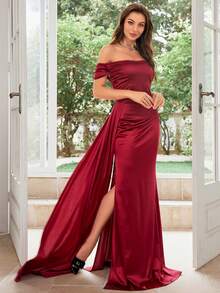 MUXXN 露肩褶皺側開叉大腿緞面正式禮服 - 紅色 - 查看 6