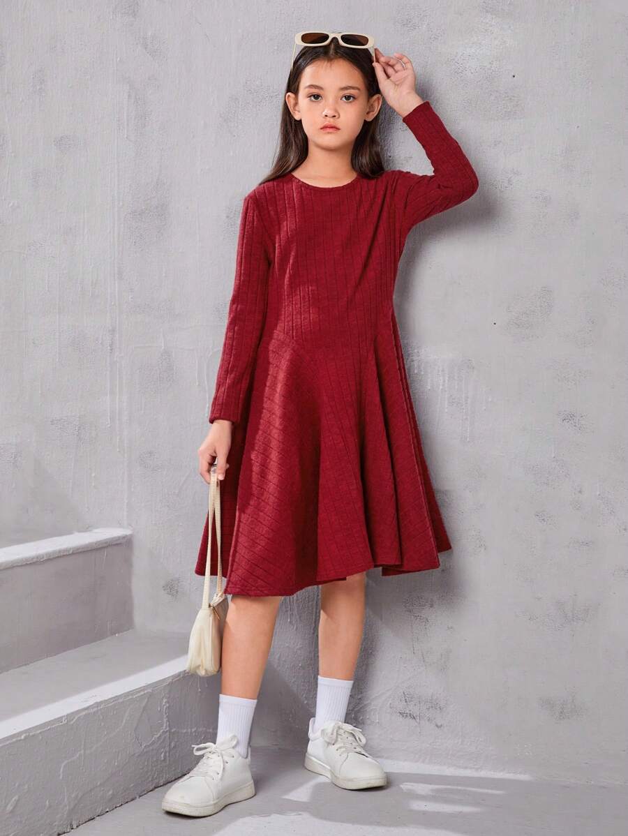 SHEIN Tween Girl Solid Ribbed Knit Flare Hem Dress - Red - View 1