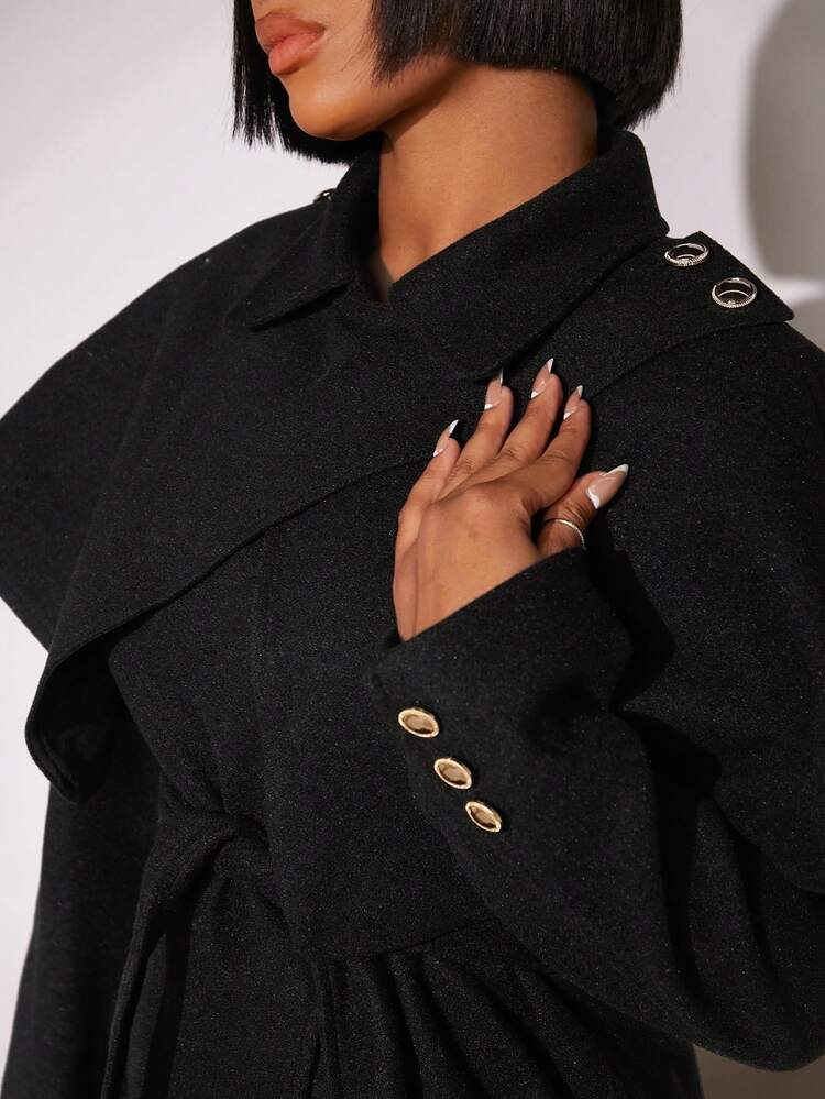 New Year Women'S Black Woolen Cape Coat Reaching Up To The Knee