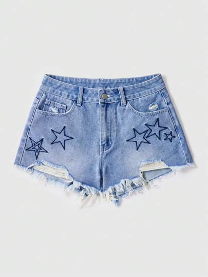 Grunge Punk Women's Star Embroidery Fringed Denim Shorts