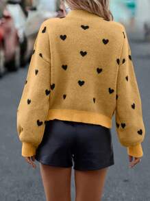 SHEIN LUNE Love Hình trái tim Thả vai Áo len - Màu Mù tạt vàng - Xem 2