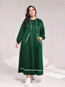 Mulvari Kích thước lớn Túi kangaroo Dây rút áo có mũ Thả vai Đầm nỉ - màu xanh lá - Xem 5