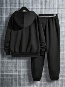 Boys' Cartoon Pattern Hooded 2pcs/set Long Sleeve Casual Outfits For Autumn And Winter - Black - View 2