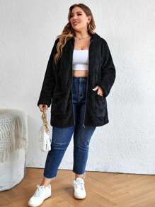 SHEIN LUNE Plus Size Plush Zipper Jacket - Black - View 5