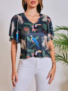 SHEIN 女性熱帶植物葉子印花短袖襯衫 - 綠色 - 查看 3