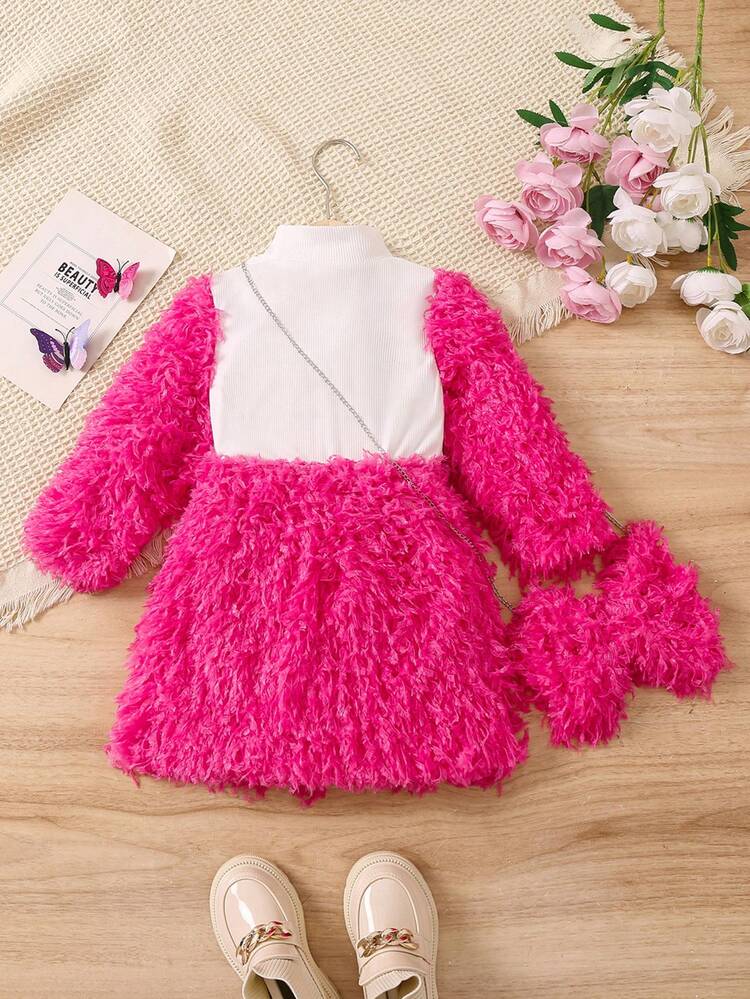 Little Girls' Half High Collar Color Block Dress With Bag Set