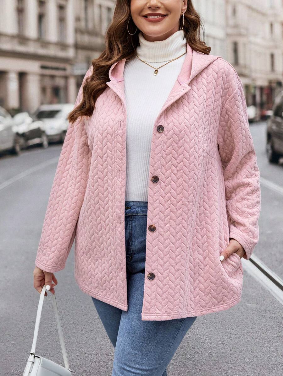 SHEIN LUNE Plus Button Front Hooded Coat - Pink - View 1