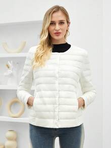 Của phụ nữ Màu thuần Nút phía trước Áo lông Jacket  Với Nghiêng Túi - trắng - Xem 1
