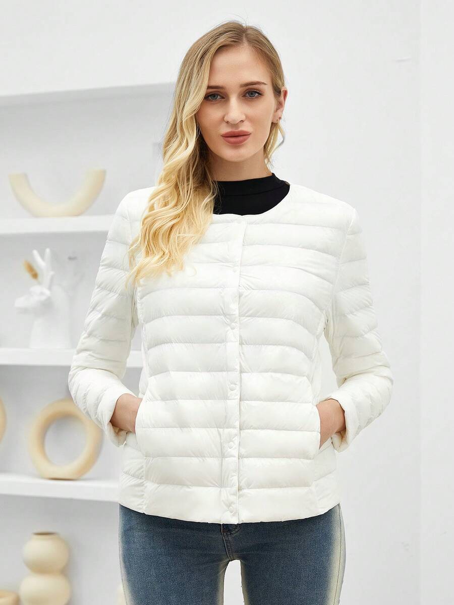 Của phụ nữ Màu thuần Nút phía trước Áo lông Jacket  Với Nghiêng Túi - trắng - Xem 1