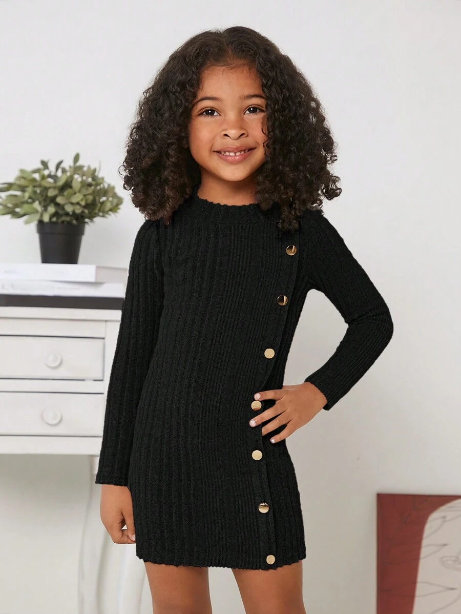 SHEIN Young Girl Solid Color Round Neck Long Sleeve Dress - Black - View 1