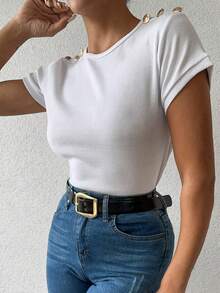 Cottnline Button Detail Batwing Sleeve Tee - White - View 3