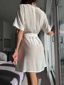 SHEIN Swim Kimono chống nắng màu trơn cho nữ có thắt lưng có thể tháo rời, dành cho kỳ nghỉ hè ở bãi biển - trắng - Xem 2