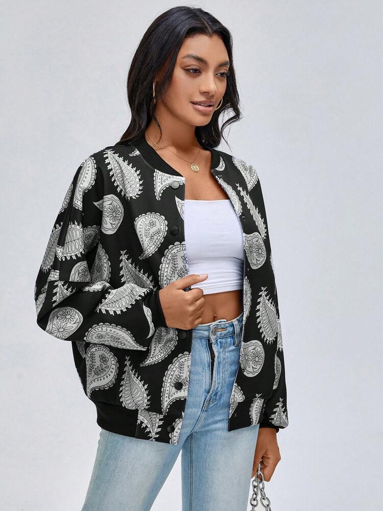 Designer Leaf Print Drop Shoulder Bomber Jacket, For Holiday, Vacation, Spring, Festival, Ibiza Fits