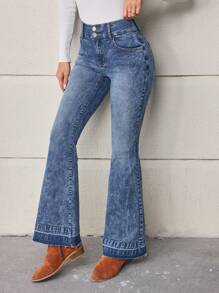 SHEIN LUNE Jeans évasés effilochés avec poches latérales pour femmes - Bleu azur - Voir 6