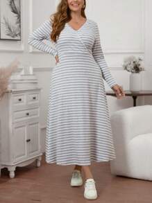 SHEIN LUNE Plus Striped Print Surplice Neck Dress - Black - View 3