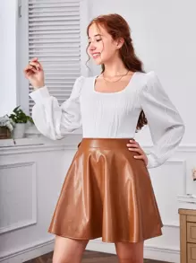 SHEIN 少女方領泡泡袖t恤 - 白色 - 查看 1