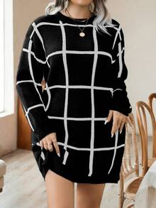 Celure Kích thước lớn Kẻ sọc Thả vai Đầm Áo len ( Thắt lưng Không bao gồm ) - màu đen - Xem 4