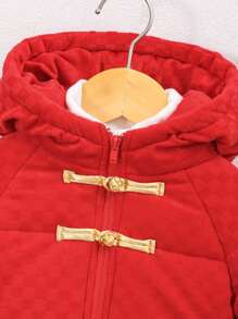 SHEIN Neutral Baby Boy Chinese Style Checkerboard Fleece Hooded Padded Coat - Multicolor - View 9
