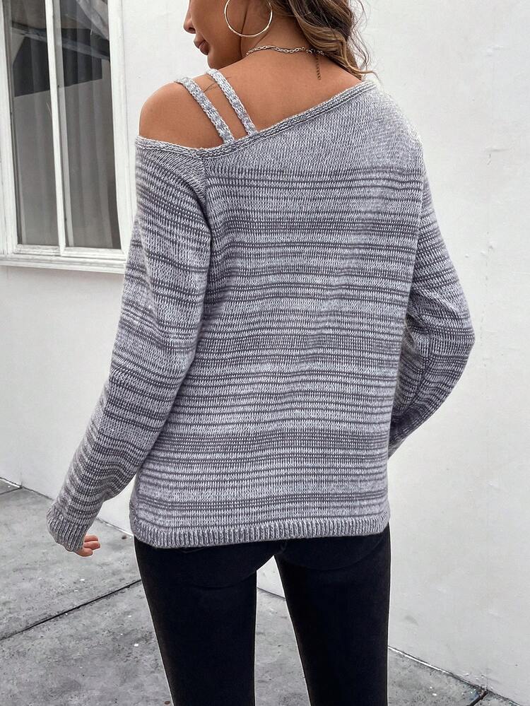 Women's Asymmetrical Neckline Striped Knit Pullover Fall Winter Sweater