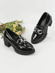 女士黑色厚跟泵鞋,帶防水平台和厚底,金屬鏈裝飾牛津鞋,適合工作或漆皮鞋