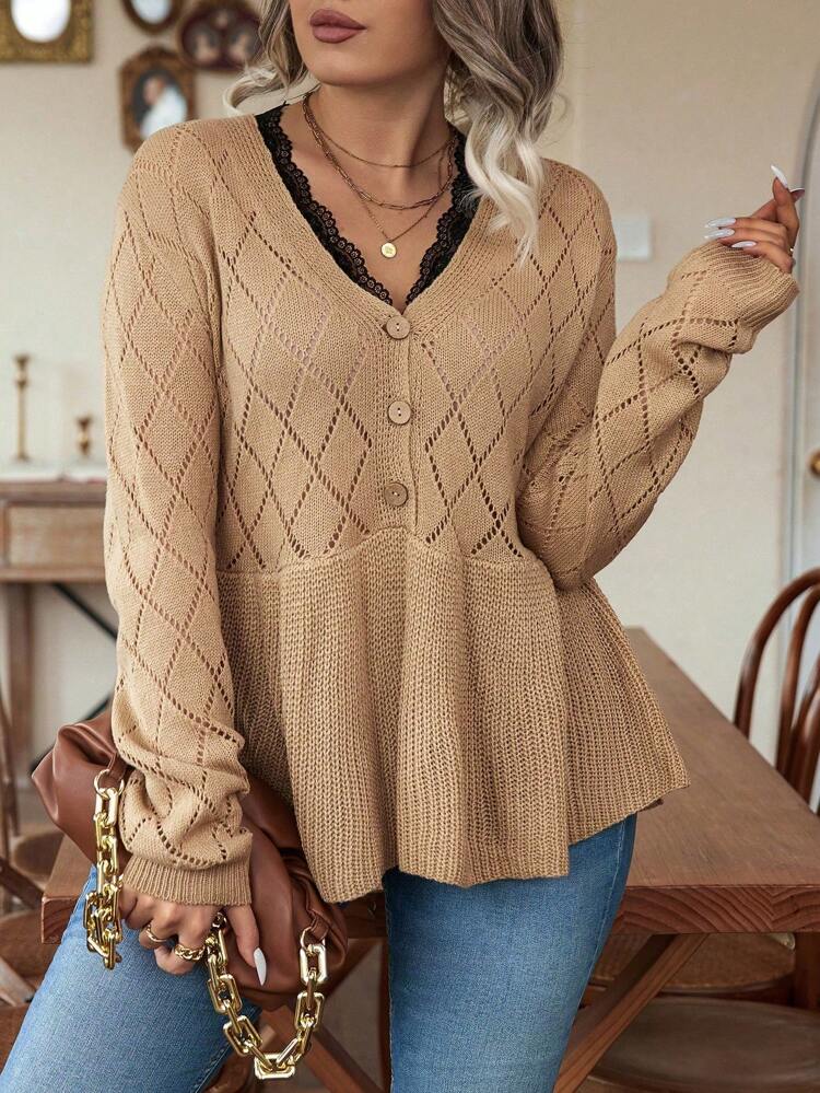 Plus Size Women's Lace Trimmed Ruffle Hem Sweater Knit Pullover Fall Winter Sweater
