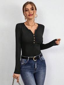 SHEIN Essnce Camiseta De Mujer Con Cuello Muesca Y Fruncido Con Abertura - Negro - Ver 4