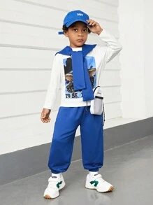 Young Boy Slogan and Angel Print Tee & Sweatpants & Tie Front Shawl - Blue - View 1