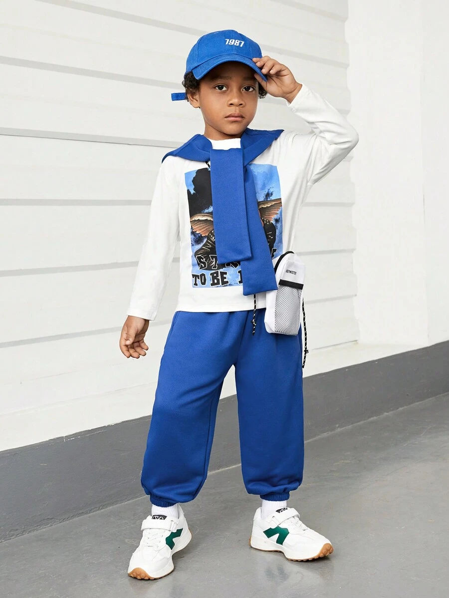 Young Boy Slogan and Angel Print Tee & Sweatpants & Tie Front Shawl - Blue - View 1