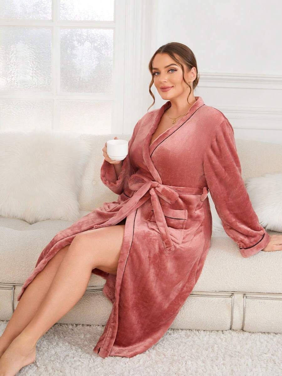 Plus Size Color Block Edging Belted Bathrobe - Coral Orange - View 1