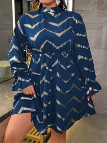 Celure Hơn In Chevron tay áo lá sen Đầm - Xanh đậm - Xem 1