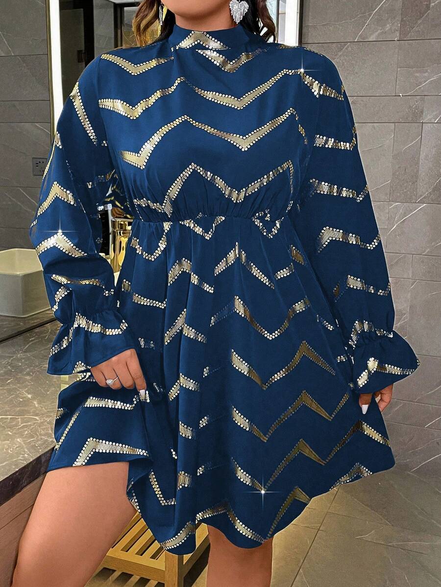 Celure Hơn In Chevron tay áo lá sen Đầm - Xanh đậm - Xem 1