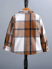 小男孩格子长袖休闲拼布单排扣衬衫 - 棕色 - 查看 2