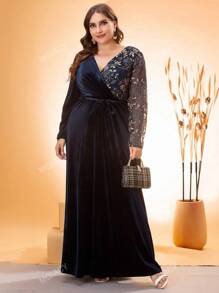 Women's Large Size V-Neck Asymmetrical Cross Sequin Embroidered Stitching Velvet A-Line Long Dress