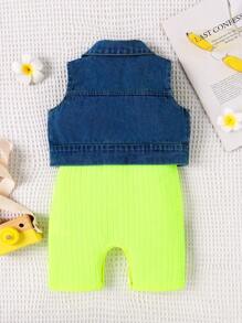 Baby Girl Solid Color Jumpsuit With Vest, Summer Casual Outfit - Green - View 2