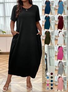 EMERY ROSE Vestido camiseta de talla grande de unicolor para mujeres, conjunto de ropa para mujer - Negro - Ver 1