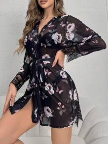 Floral Printed Spliced Mesh Sleepwear Robe - Multicolor - View 4