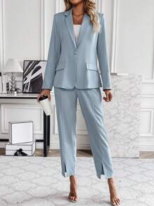 SHEIN Clasi Solid Single Button Blazer & Split Hem Pants - Blue - View 3