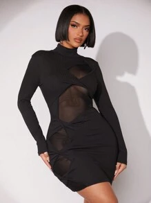 SHEIN SXY 新年除夕礼服网眼对比透视迷你连衣裙 - 黑色 - 查看 6