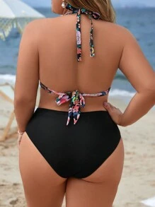 Swim Lushoire Summer Beach Women's Plus Size Halter Neck Floral Printed Bikini Set With Tie Side Bottom