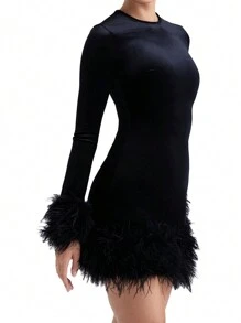 Minivestido Ajustado Con Estampado De Plumas Y Manga Larga Para Mujer - Negro - Ver 5