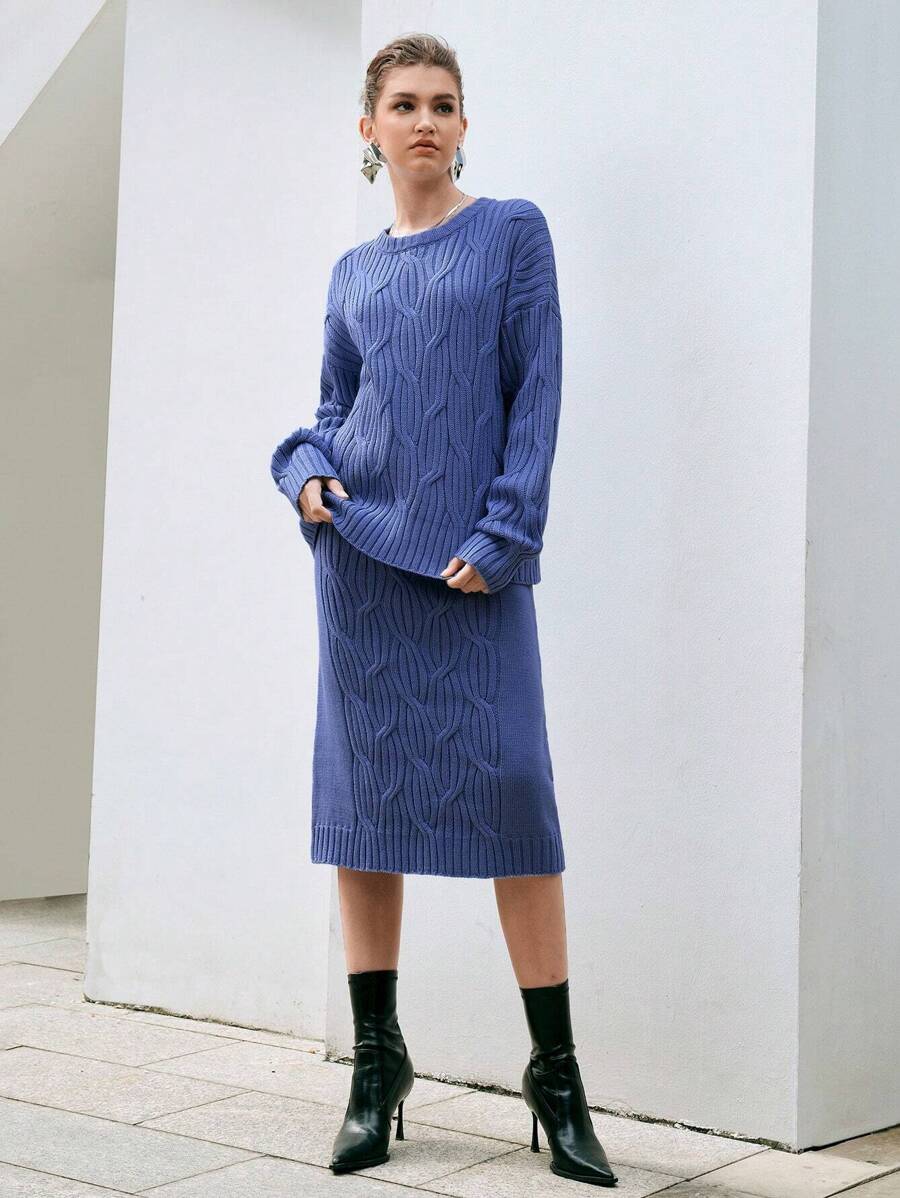 Anewsta 2 cái/bộ Thả vai Textured Áo len Bộ - Màu xanh lam - Xem 1