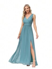 V領高開叉雪紡伴娘禮服